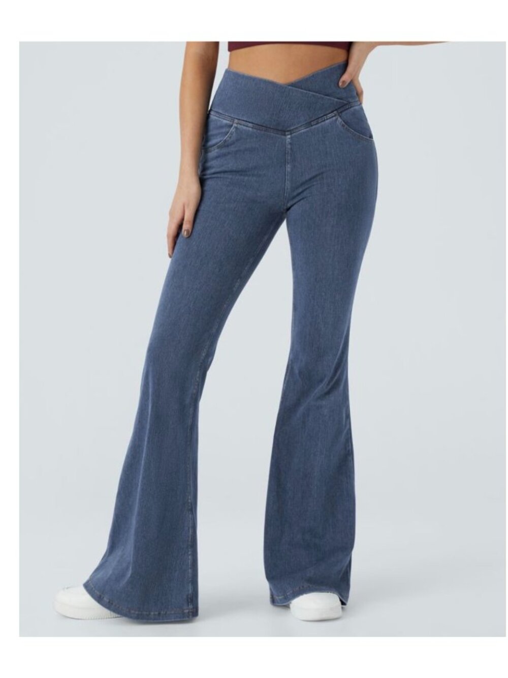 Halara LP high Waisted Crossover Pocket Washed Denim Flared Jeans L Petite